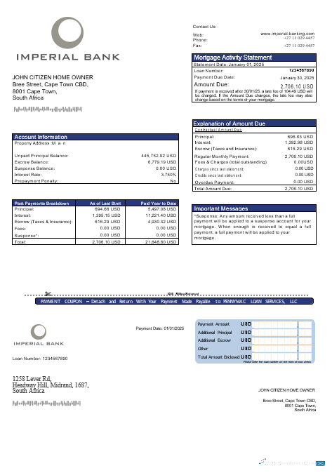 Download South Africa Imperial bank mortgage statement in Word and PDF formats Photoshop template